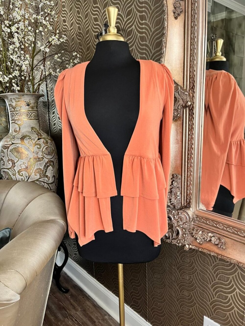 Bcbgeneration salmon long puff sleeves tiered ruffle peplum hem jacket